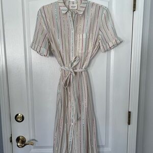 Sezane Ivory Metallic Striped Button-Down Dress Size 34 FR, 02 US